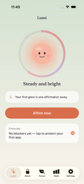 Lumi home screen with the light ring, day streak and Affirm now button
