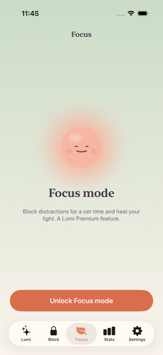 Focus mode screen on a sage gradient