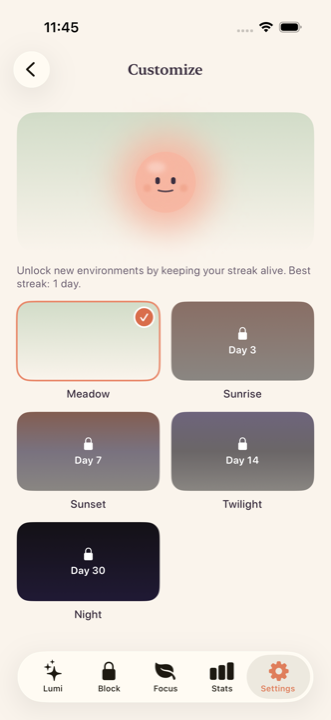Unlockable environments: Sunrise, Sunset, Twilight, Night themes gated by streak days